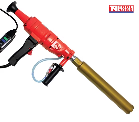 Orange handheld core drill with attached gold core bit, side handle, water hose, power cord, switch box, and logo in the top corner.