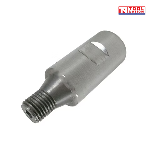 Silver threaded core drill adapter with side opening and logo in the top corner.