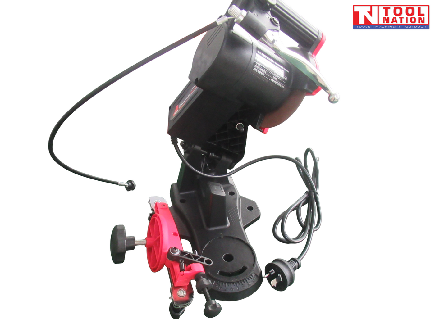 Rear angled view of a black and red chain sharpener with handle, grinding wheel guard, power cord, plug, chain clamp, and angle scale.