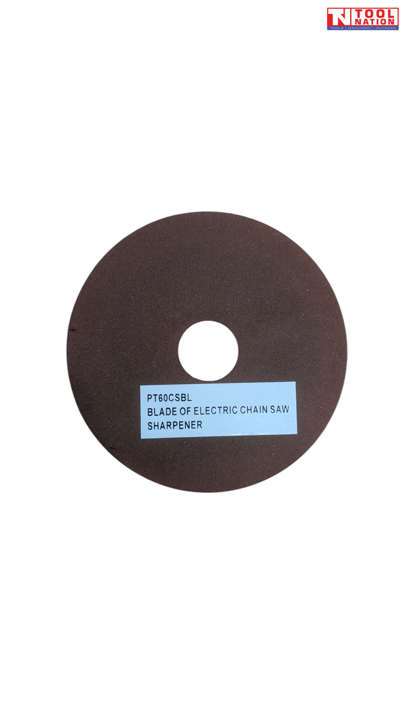 Brown circular sharpening wheel with centre hole, blue product label, and logo in the top corner.