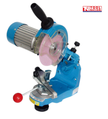 Blue chain sharpener with silver motor, black handle, pink grinding wheel, metal chain clamp, red lever knob, and logo in the top corner.
