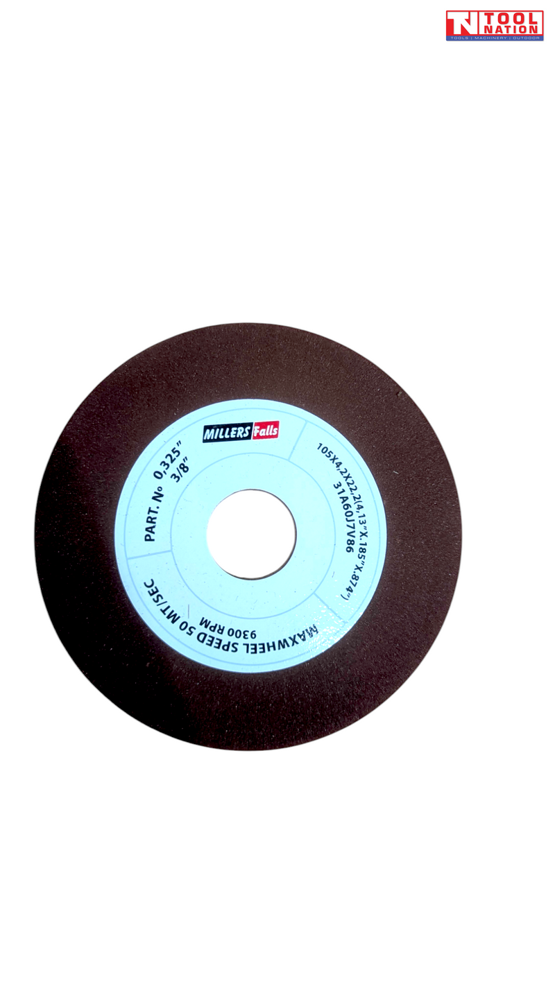 Brown circular sharpening wheel with centre hole, blue printed label, and logo in the top corner.