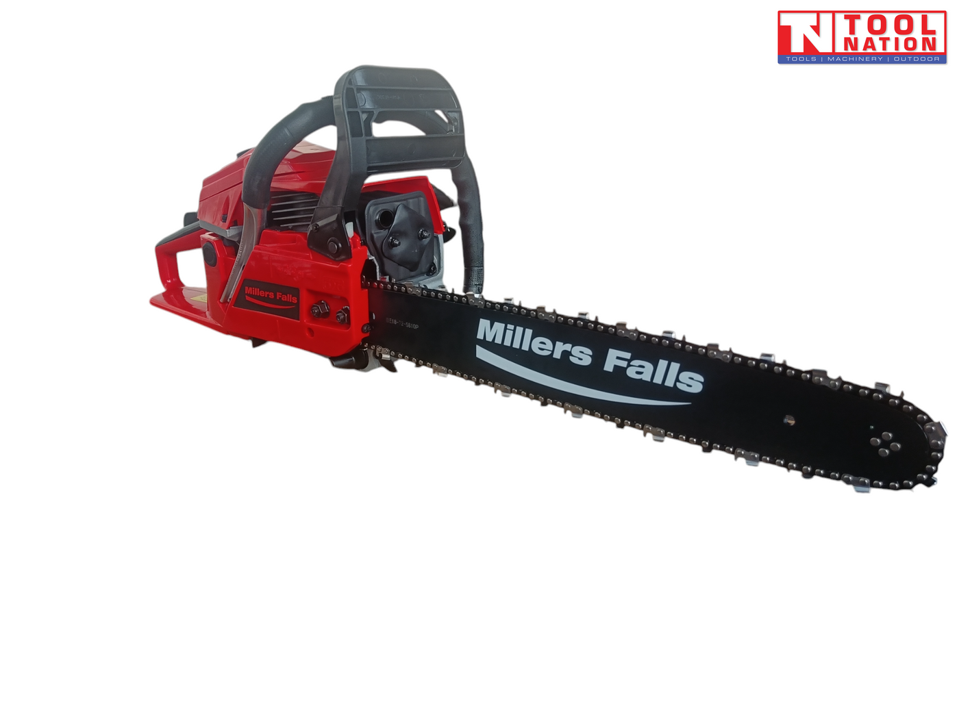 Red chainsaw shown from the front side with a black guide bar, chain, front handle and rear handle on a white background.