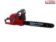 Red chainsaw shown in side view with a black guide bar, chain, front handle and rear handle on a white background.