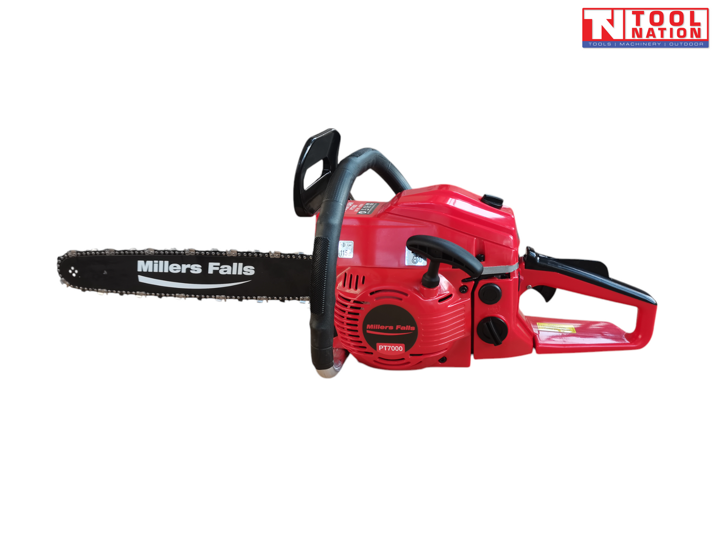 Red chainsaw shown in side view with a black guide bar, chain, front handle, rear handle and round side cover.