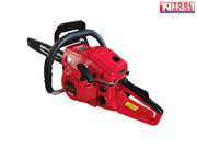 Red chainsaw shown from above with a black guide bar partly visible, front handle, rear handle and top housing.