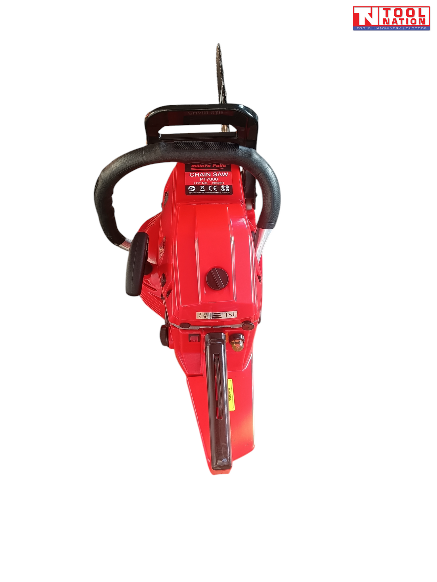 Top view of a red chainsaw showing the front handle, rear handle, top housing and a partly visible guide bar.