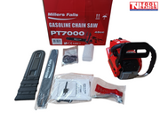 Red chainsaw kit with packaging, guide bar, bar cover, chain, manual, bottle and tool bag arranged on a white background.