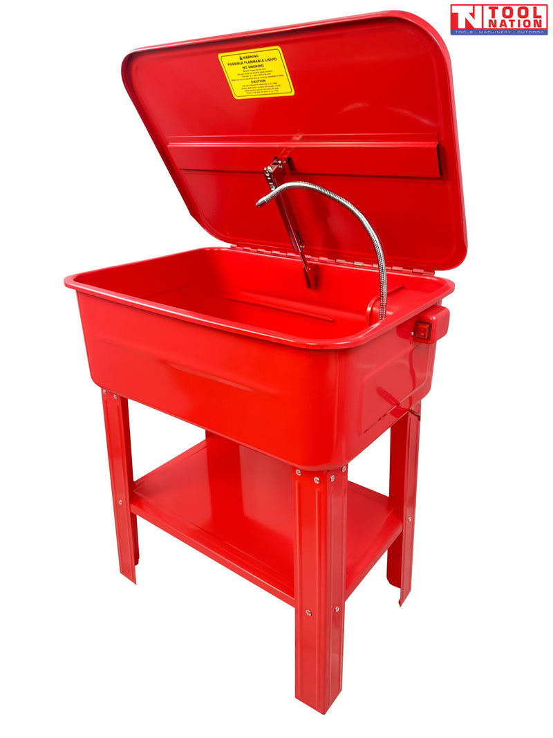 Red parts washer angled view with lid open, flexible hose, side switch, and lower shelf