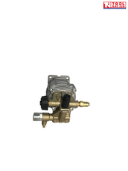 Grey and brass pressure washer pump with black knob, black hose connector, fittings, and a logo in the top right corner.
