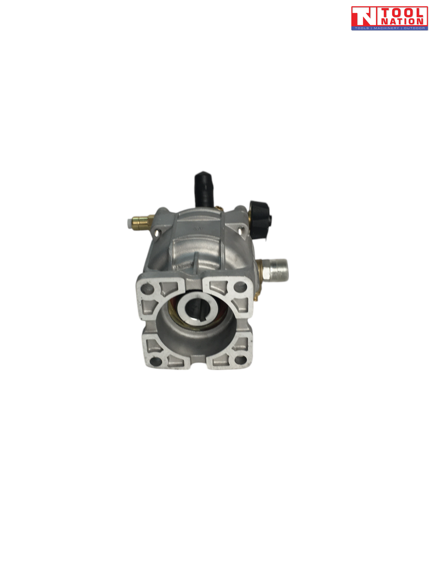 Rear view of a grey and brass pressure washer pump with square mounting plate, central shaft opening, fittings, and a logo in the top right corner.