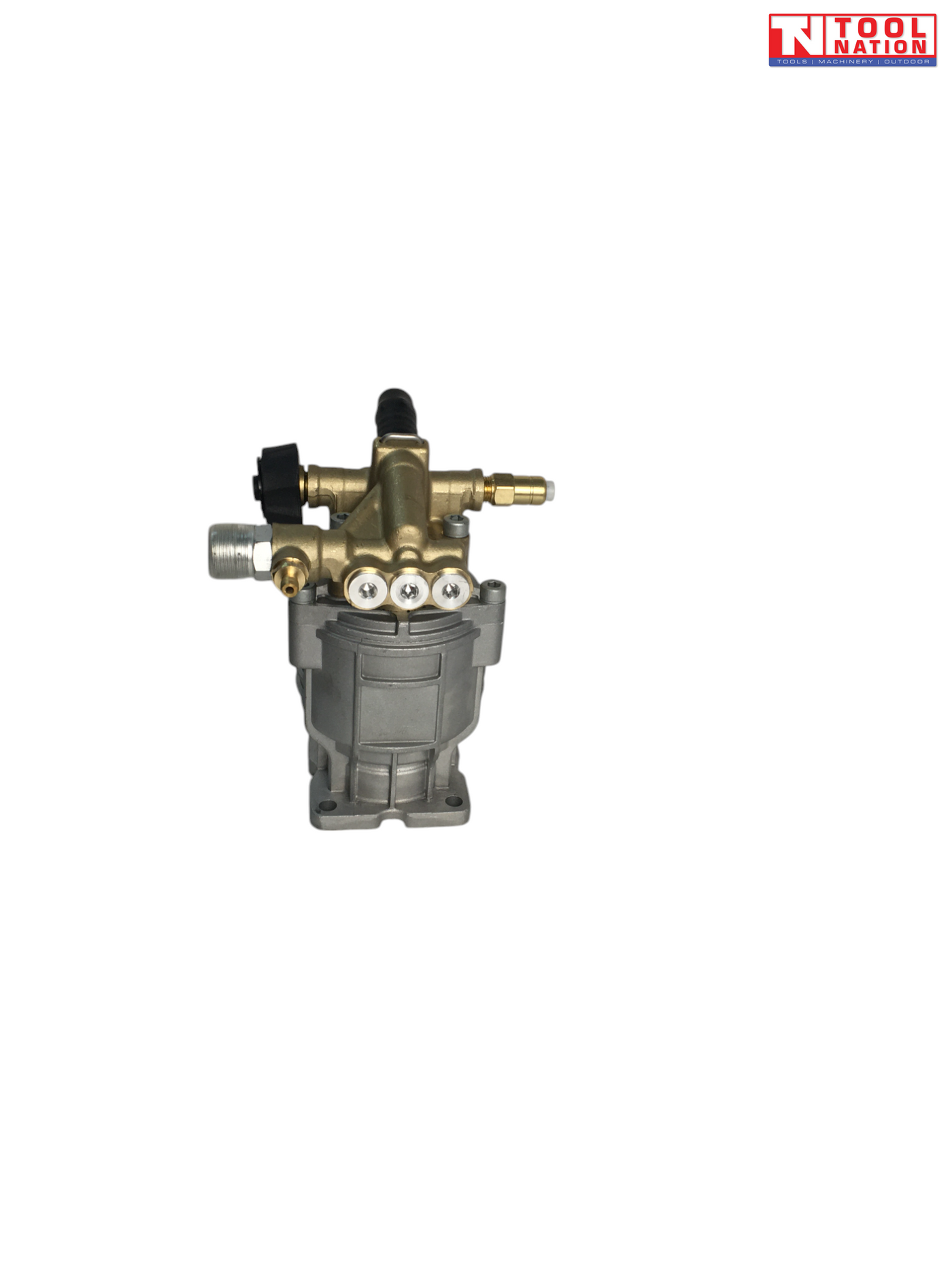 Front view of a grey and brass pressure washer pump with black knob, black hose connector, fittings, bolts, and a logo in the top right corner.