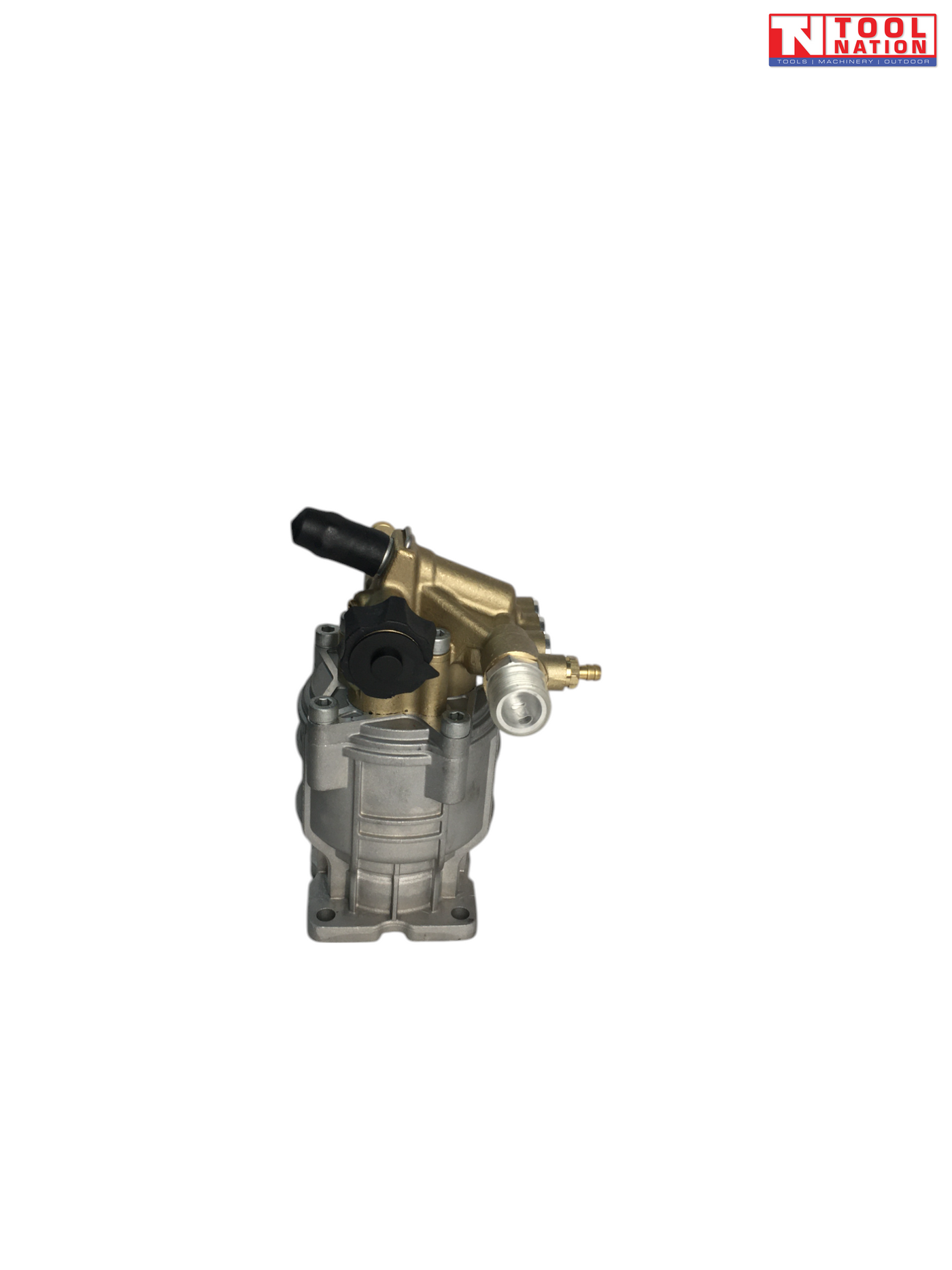 Angled view of a grey and brass pressure washer pump with black knob, black hose connector, fittings, and a logo in the top right corner.