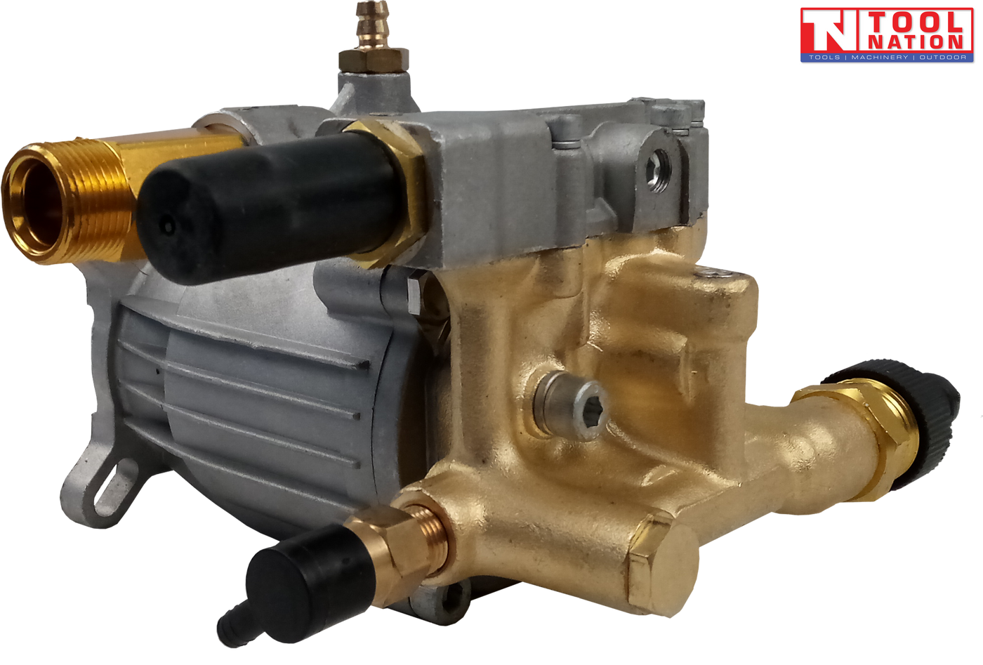 Grey and brass pressure washer pump with black caps, threaded fitting, and a logo in the top right corner.