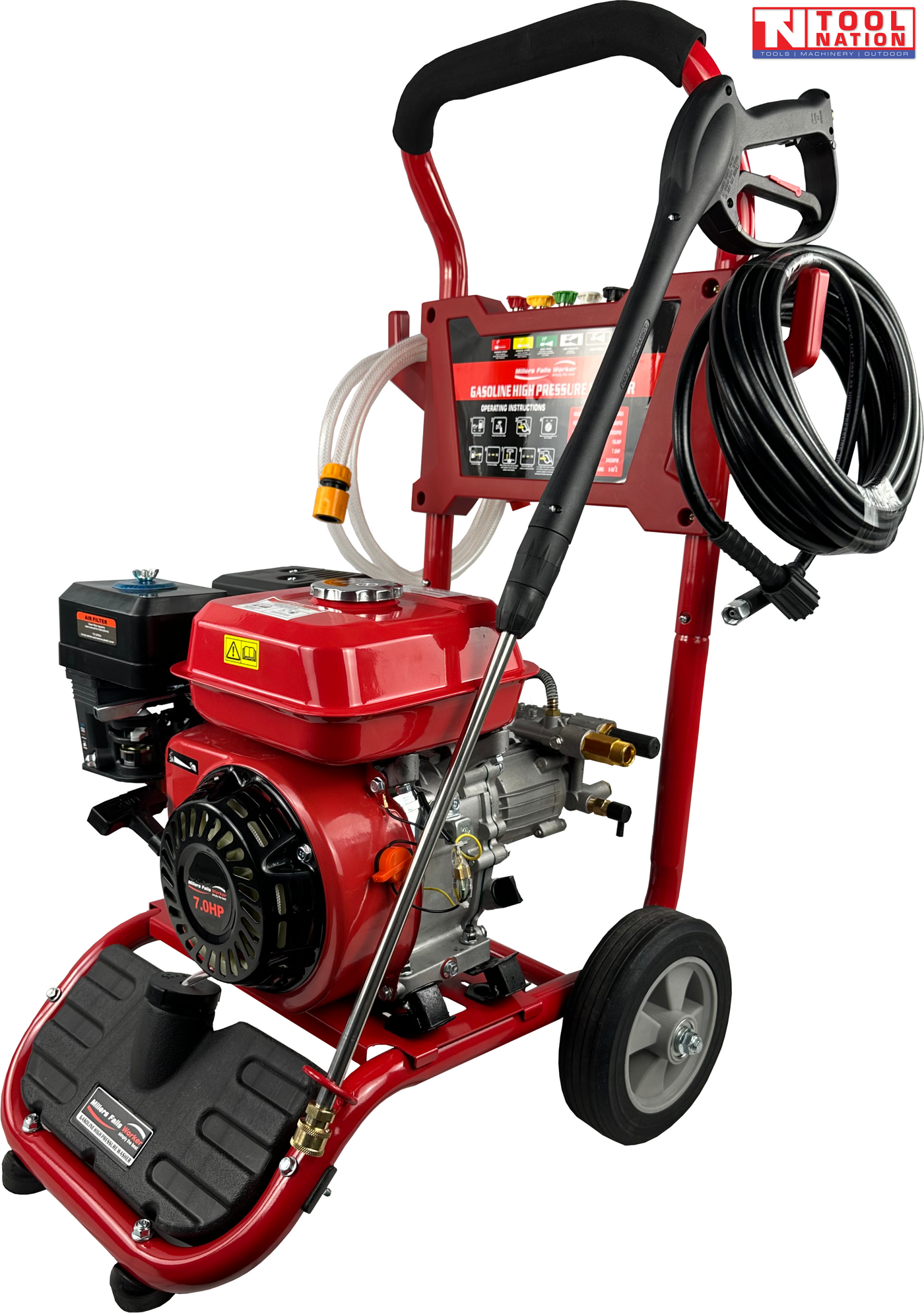 Red pressure washer with black spray gun, coiled hose, wheels, engine, and a logo in the top right corner.