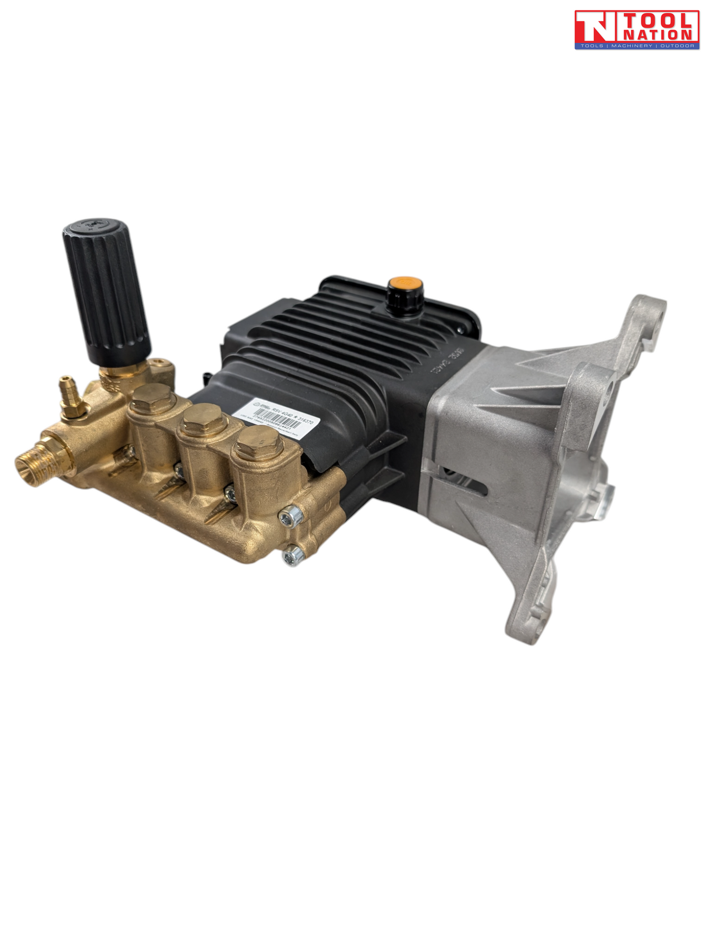Black, brass, and silver pressure washer pump with ribbed black knob, threaded fittings, mounting bracket, and a logo in the top right corner.