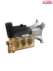 Angled view of a black, brass, and silver pressure washer pump with ribbed black knob, fittings, mounting bracket, and a logo in the top right corner.