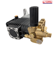 Rear angled view of a pressure washer pump with black ribbed knob, brass fittings, black housing, silver mounting face, and a logo in the top right corner.