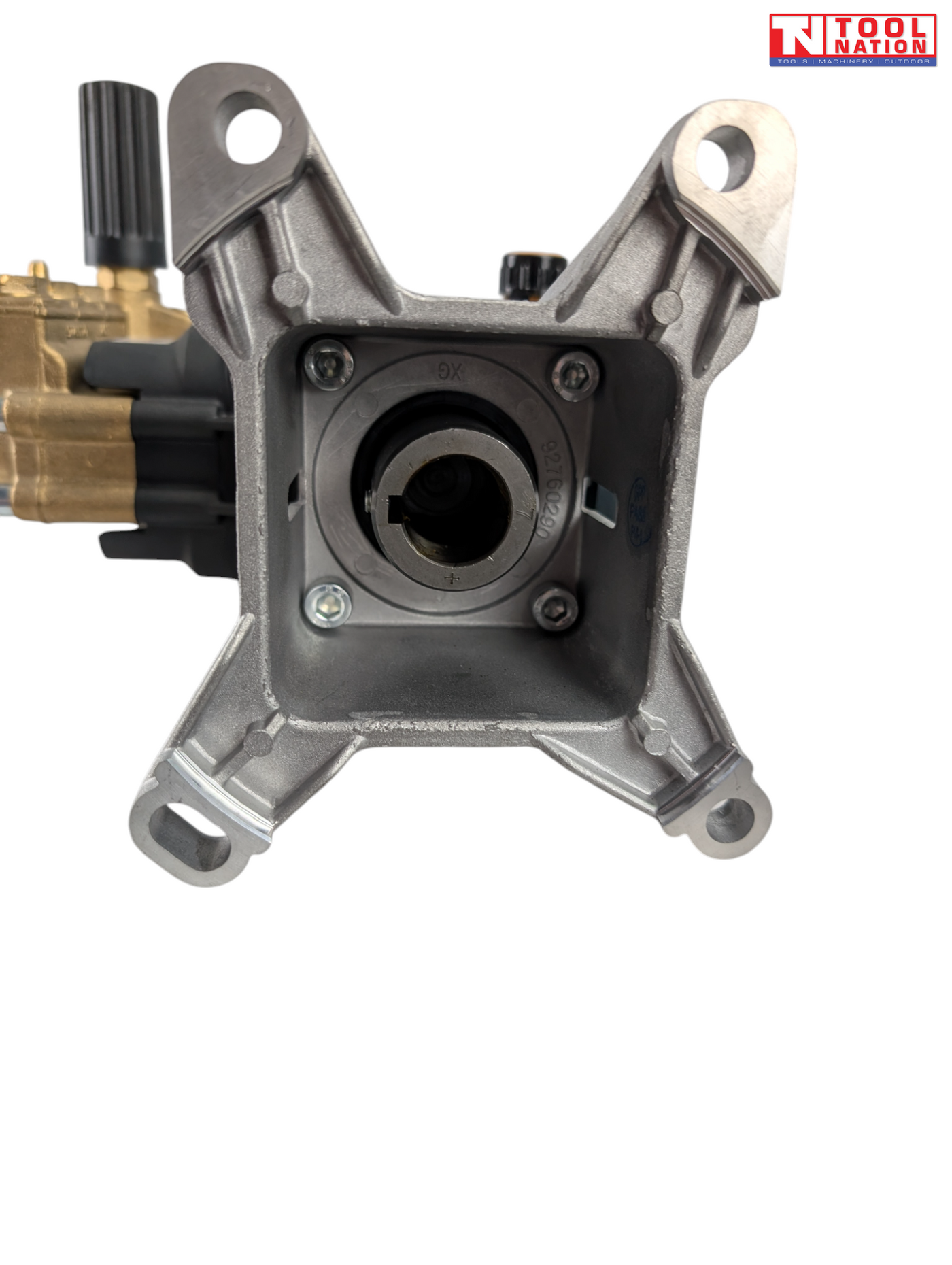Rear view of a pressure washer pump showing the silver mounting face, central shaft opening, bolts, and a logo in the top right corner.