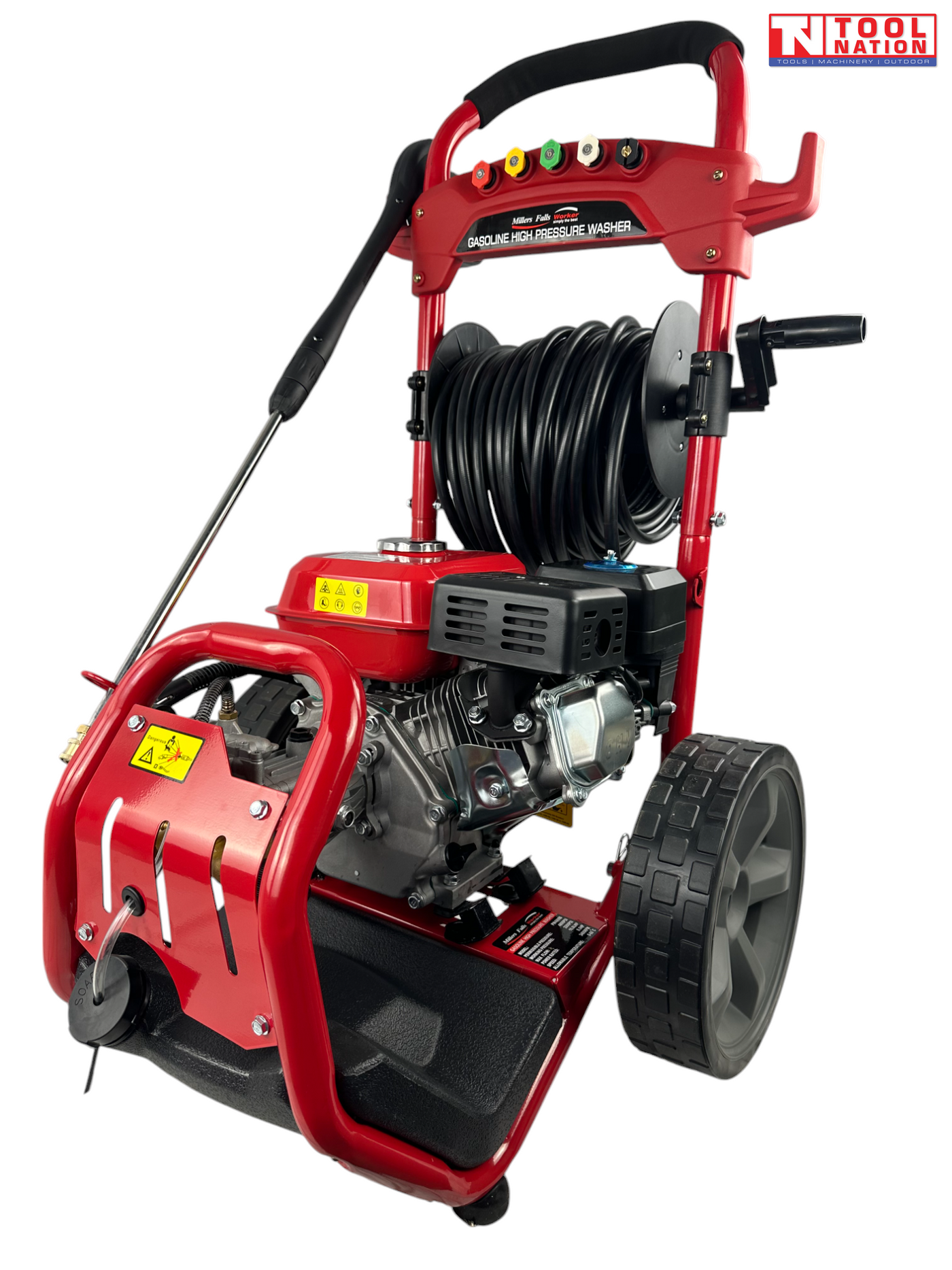 Red pressure washer with spray wand, coiled hose reel, engine, wheels, front guard, and a logo in the top right corner.