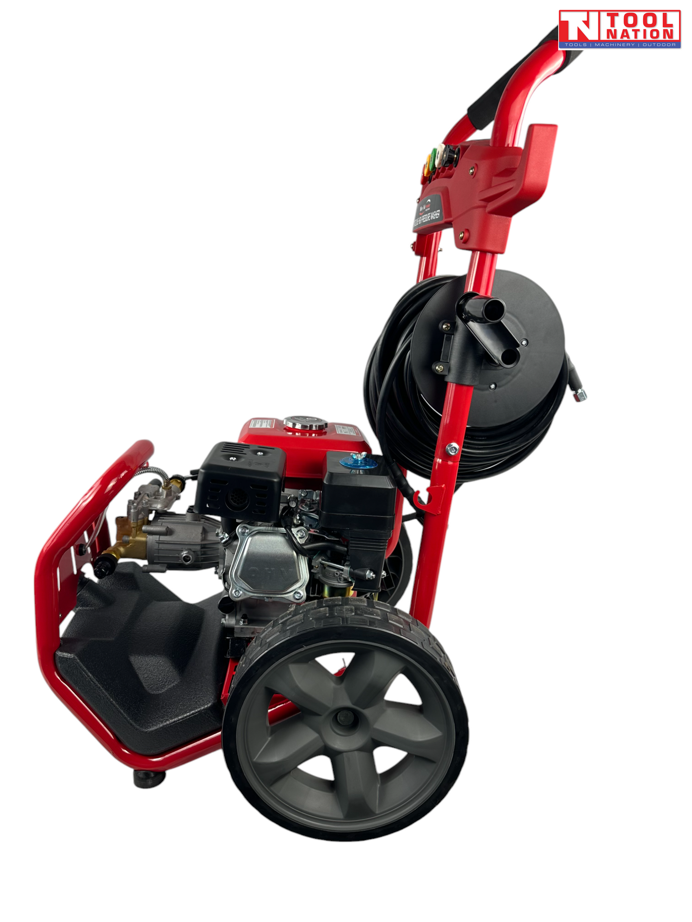 Side view of a red pressure washer with coiled hose reel, engine, large wheel, handle, and a logo in the top right corner.