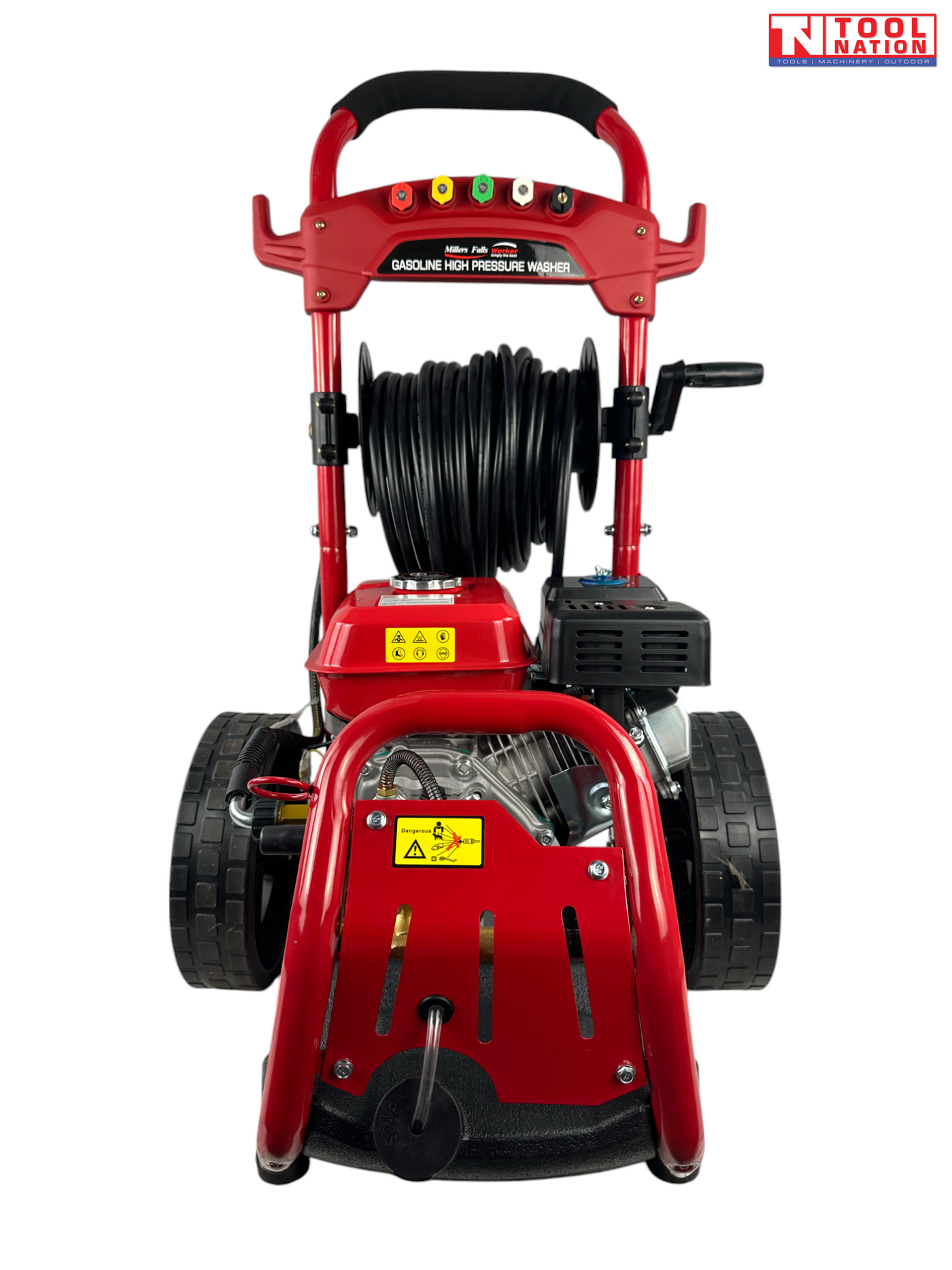Front view of a red pressure washer with coiled hose reel, engine, wheels, front guard, nozzle holders, and a logo in the top right corner.