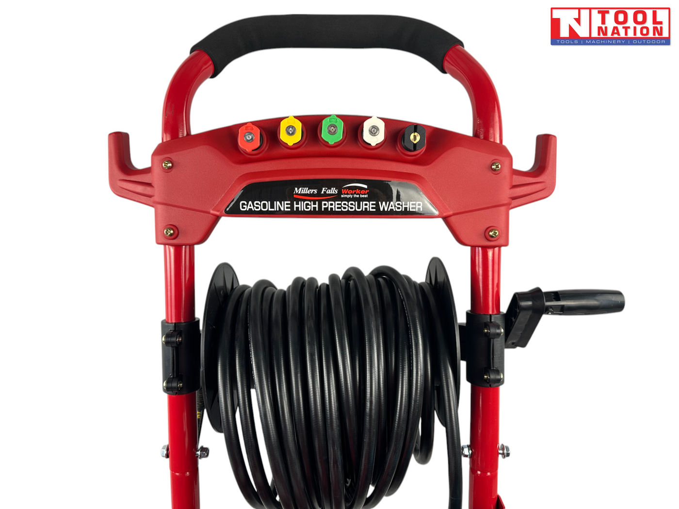 Close-up of a red pressure washer handle with nozzle holders, coiled hose reel, crank handle, and a logo in the top right corner.