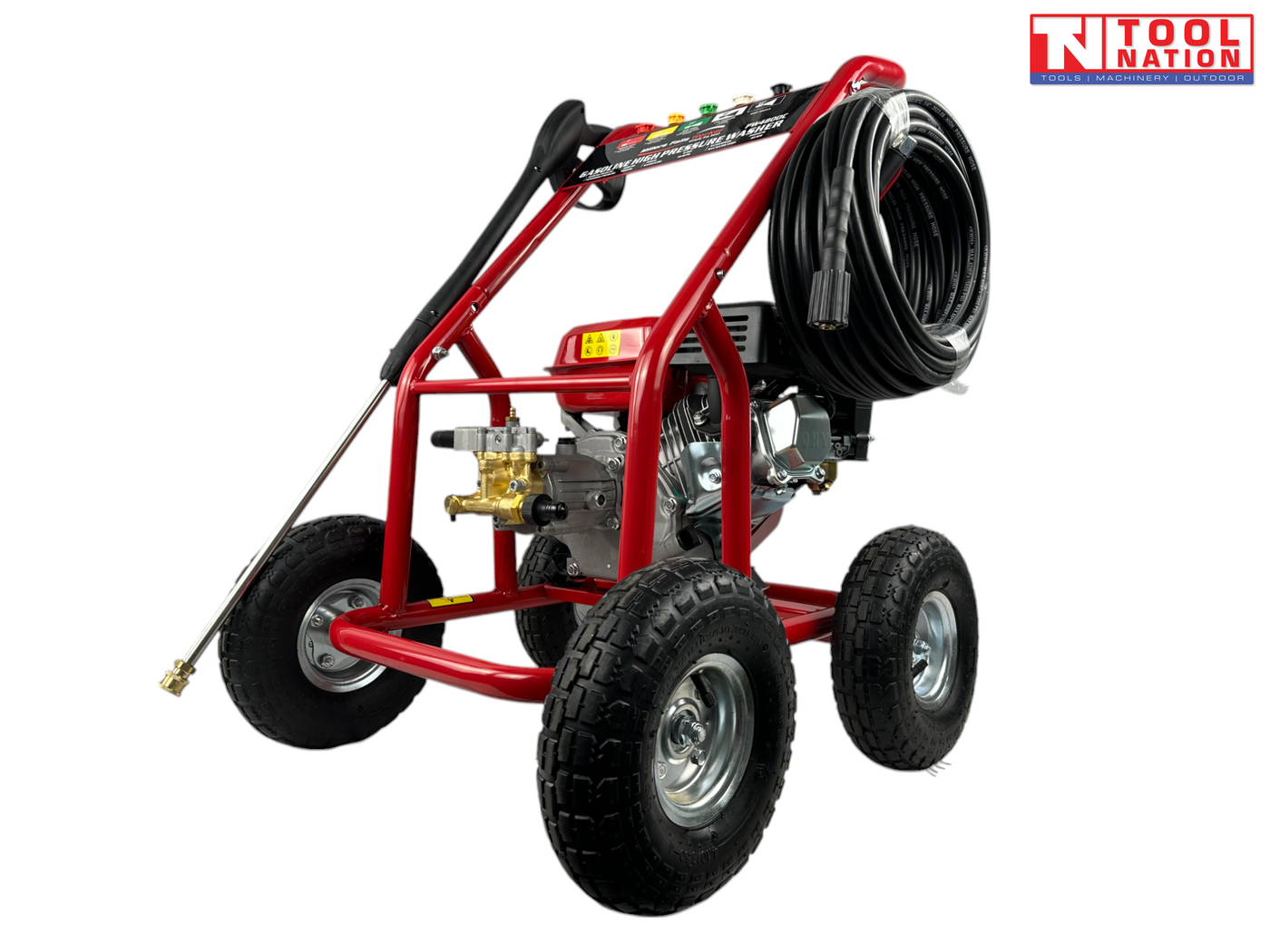 Red pressure washer with spray wand, coiled hose, engine, four wheels, and a logo in the top right corner.