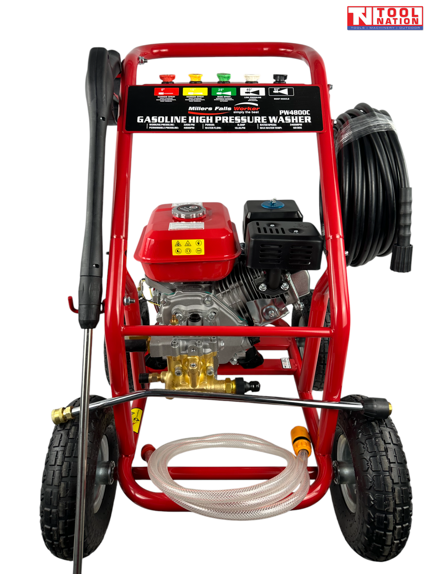 Front view of a red pressure washer with spray wand, coiled hose, engine, wheels, clear hose, and a logo in the top right corner.