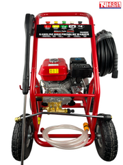 Front view of a red pressure washer with spray wand, coiled hose, engine, wheels, clear hose, and a logo in the top right corner.