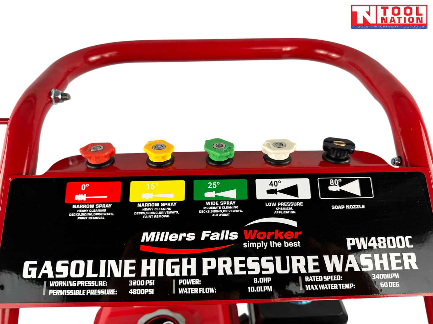Close-up of a pressure washer control panel with five coloured nozzles, red handle, and a logo in the top right corner.