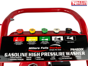 Close-up of a pressure washer control panel with five coloured nozzles, red handle, and a logo in the top right corner.