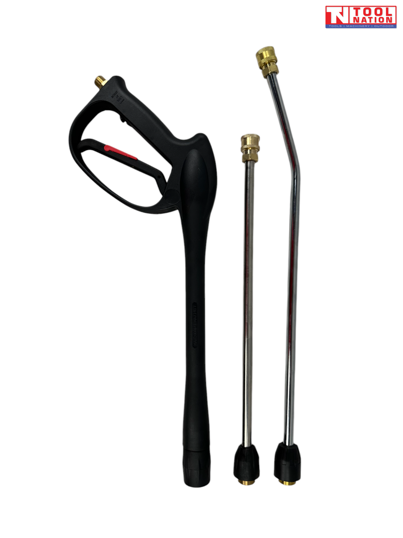 Black spray gun with two metal wand extensions and brass fittings, with a logo in the top right corner.