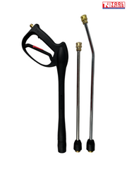 Black spray gun with two metal wand extensions and brass fittings, with a logo in the top right corner.
