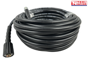 Coiled black pressure washer hose with end connector and a logo in the top right corner.