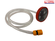 Clear coiled hose with yellow connector and red round filter screen, with a logo in the top right corner.