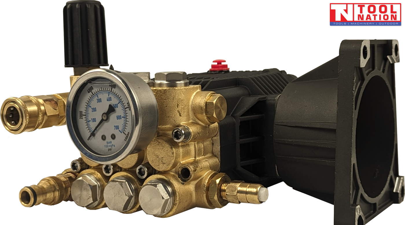 Black and brass pressure washer pump with pressure gauge, black ribbed knob, threaded fittings, mounting bracket, and a logo in the top right corner.
