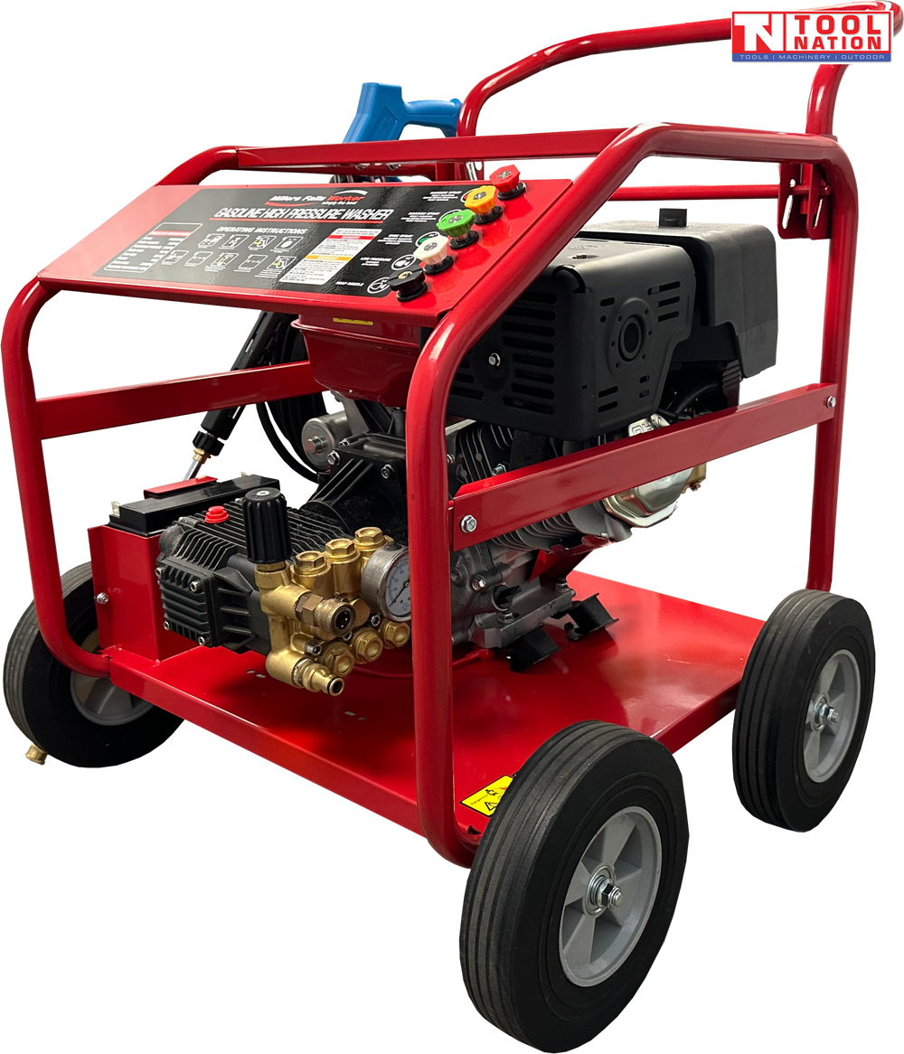 Red pressure washer with engine, brass pump, four wheels, control panel, coloured nozzle tips, and a logo in the top right corner.