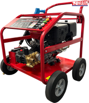 Red pressure washer with engine, brass pump, four wheels, control panel, coloured nozzle tips, and a logo in the top right corner.