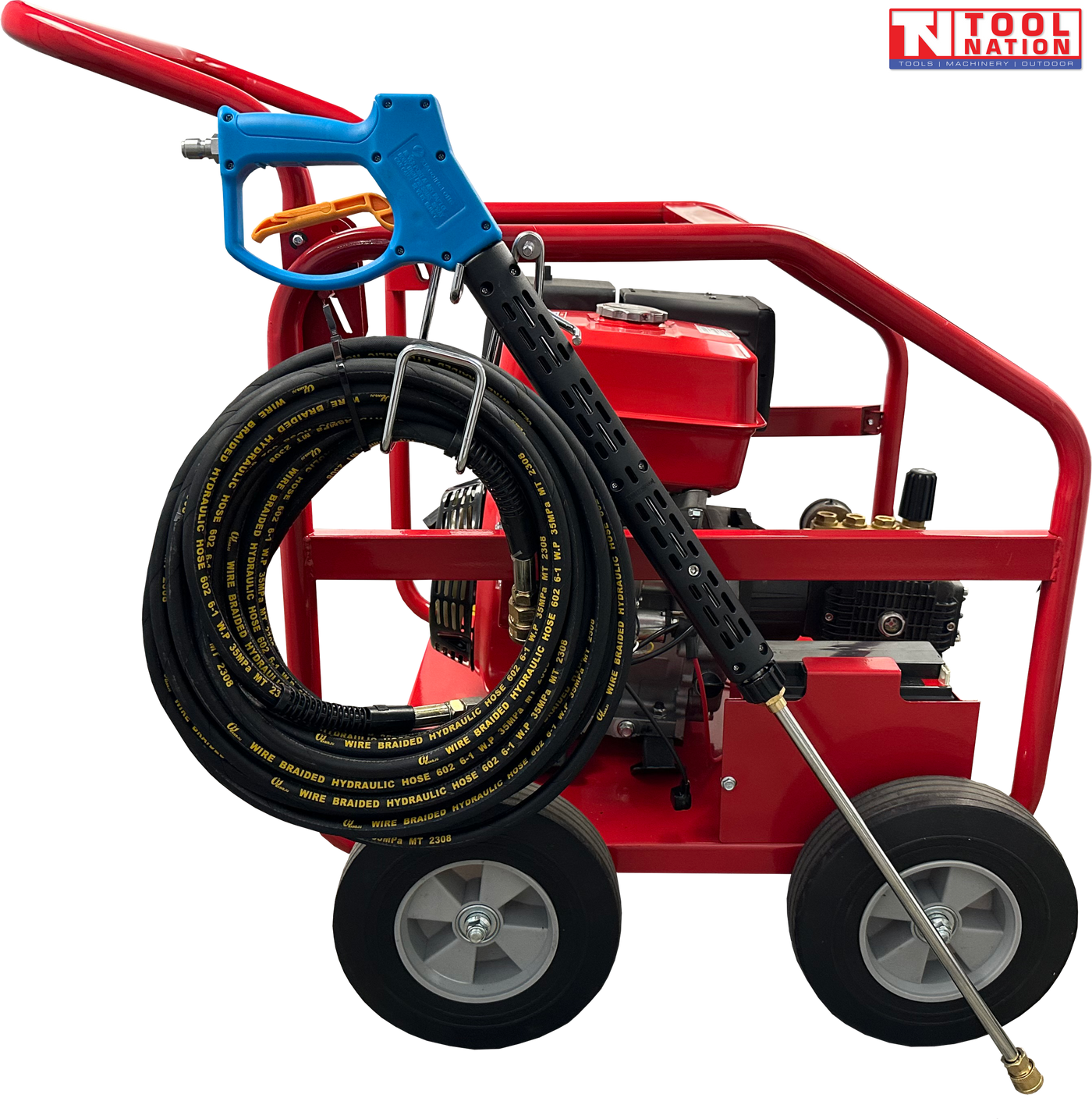 Side view of a red pressure washer with blue spray gun, black coiled hose, four wheels, engine, and a logo in the top right corner.