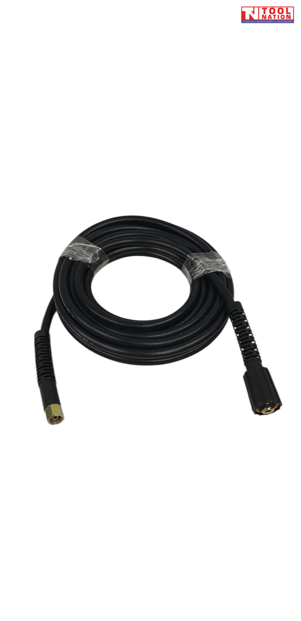 Coiled black pressure washer hose with end connectors, clear wrapping, and a logo in the top right corner.