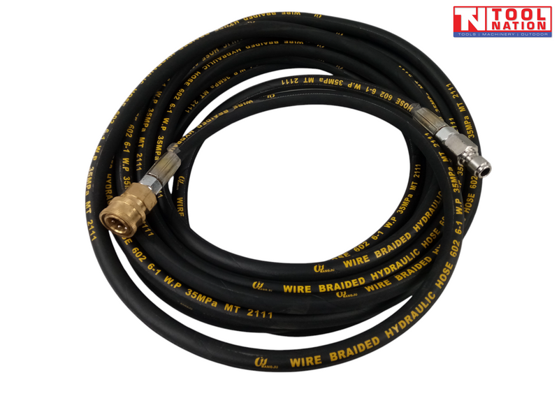 Coiled black high-pressure hose with yellow printed markings, metal end fittings, and a logo in the top right corner.