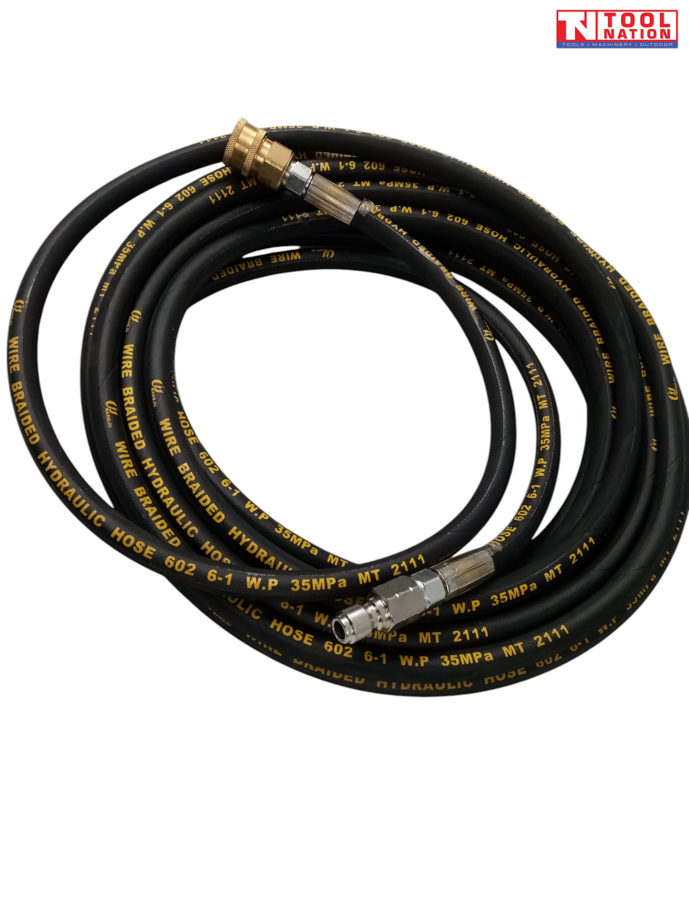 Coiled black high-pressure hose with yellow printed markings, metal end fittings, and a logo in the top right corner.
