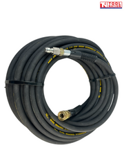 Coiled black high-pressure hose with yellow printed markings, metal end fittings, black ties, and a logo in the top right corner.