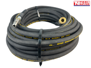 Coiled black high-pressure hose with yellow printed markings, metal end fittings, black tie, and a logo in the top right corner.