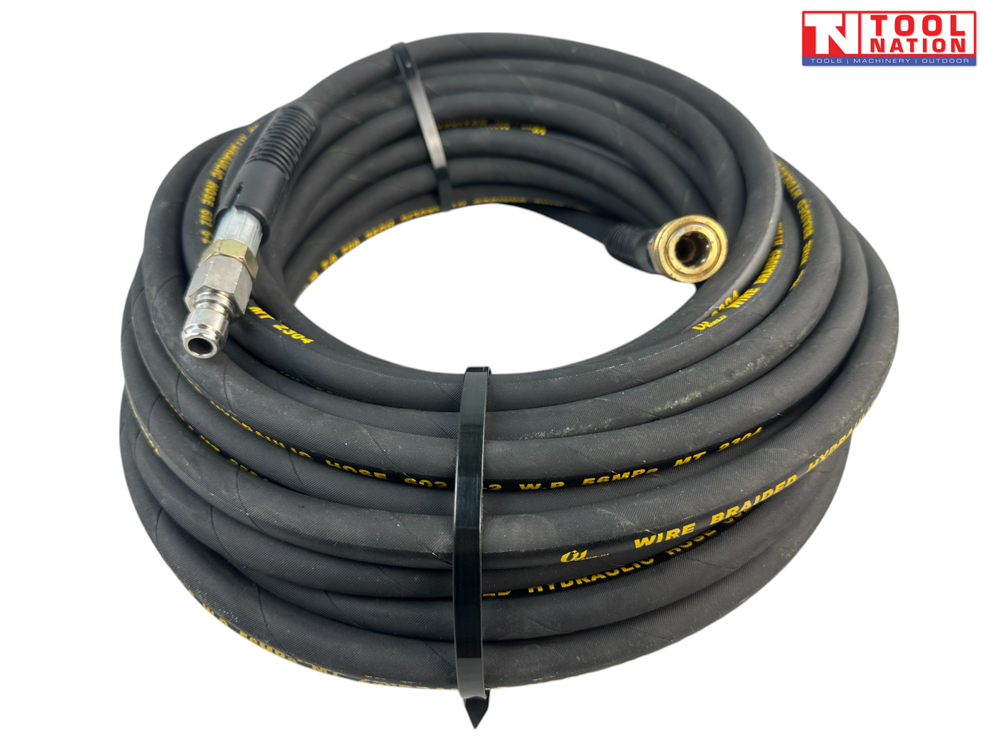 Coiled black high-pressure hose with yellow printed markings, metal end fittings, black tie, and a logo in the top right corner.