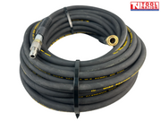 Coiled black high-pressure hose with yellow printed markings, metal end fittings, black tie, and a logo in the top right corner.