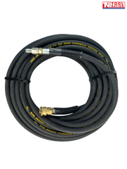 Coiled black high-pressure hose with yellow printed markings, metal end fittings, black ties, and a logo in the top right corner.