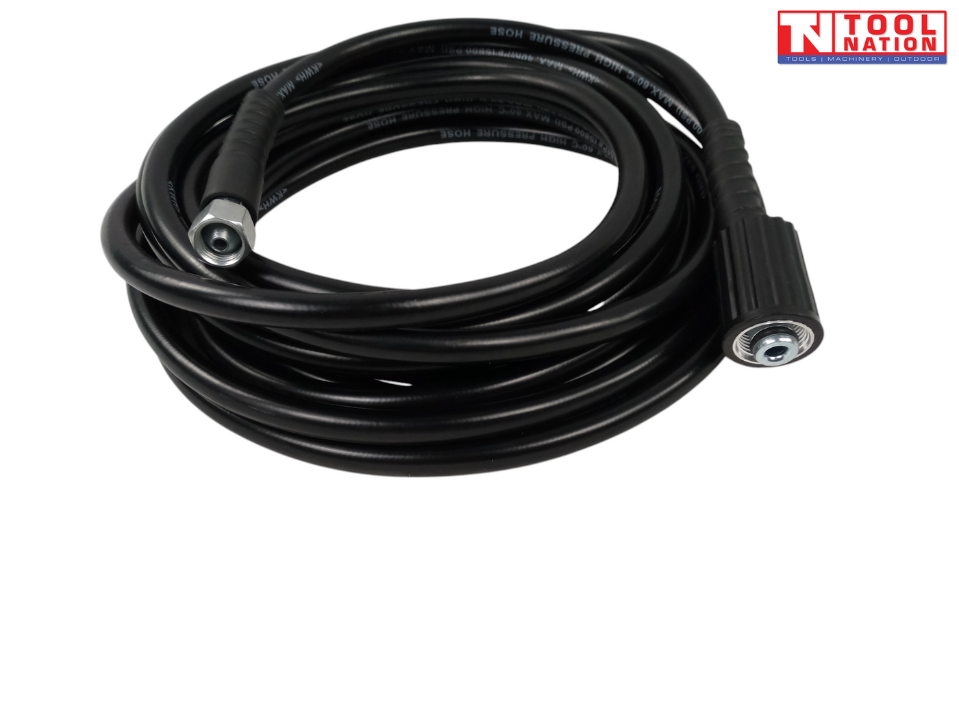 Coiled black high-pressure hose with metal end fittings, black connector, printed markings, and a logo in the top right corner.