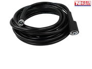 Coiled black high-pressure hose with metal end fittings, black connector, printed markings, and a logo in the top right corner.